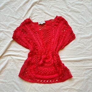 passioni coral pink crochet knit braid short sleeve top crop top